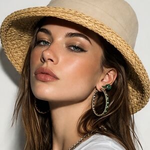 Hat Weaved Straw & khaki fabric Hat NWOT